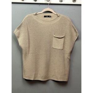 LILLUSORY Women Knit Sweater Vest Tan XL Sleeveless Pocket Pullover Top